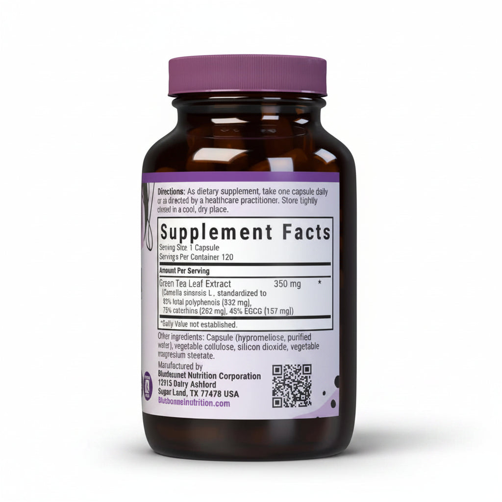 Supplement bottle with purple cap and label on a white background