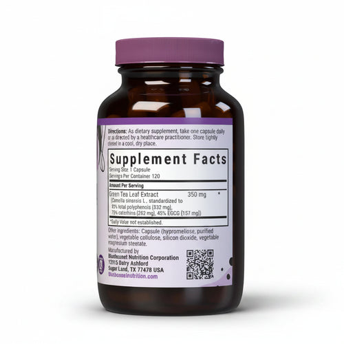 Supplement bottle with purple cap and label on a white background