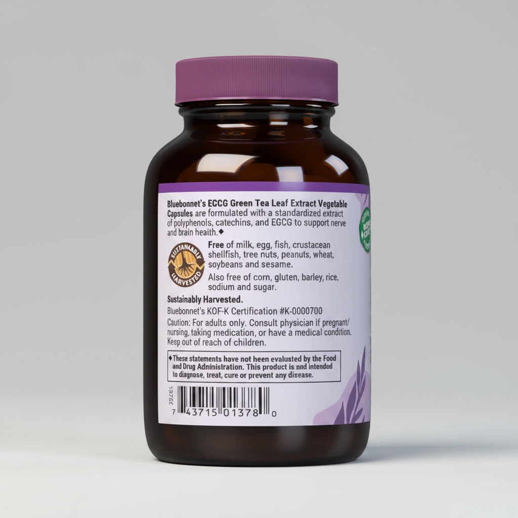 Brown supplement bottle with purple cap and label on a white background