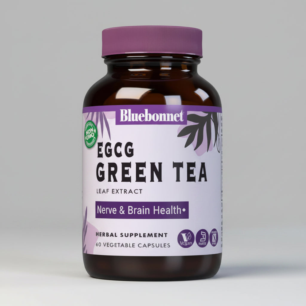 Bluebonnet EGCG Green Tea supplement bottle on a white background