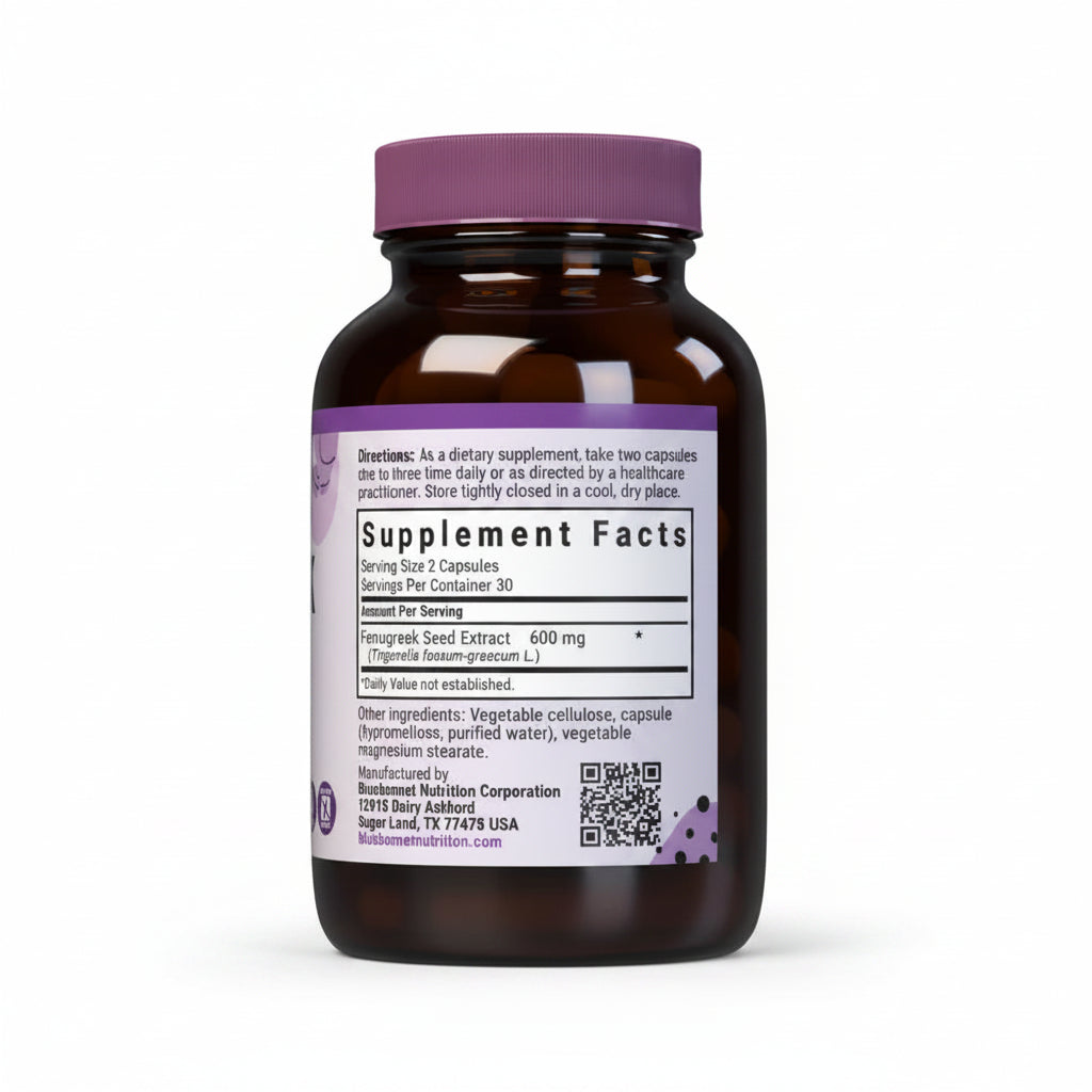 Supplement bottle with purple label on a white background