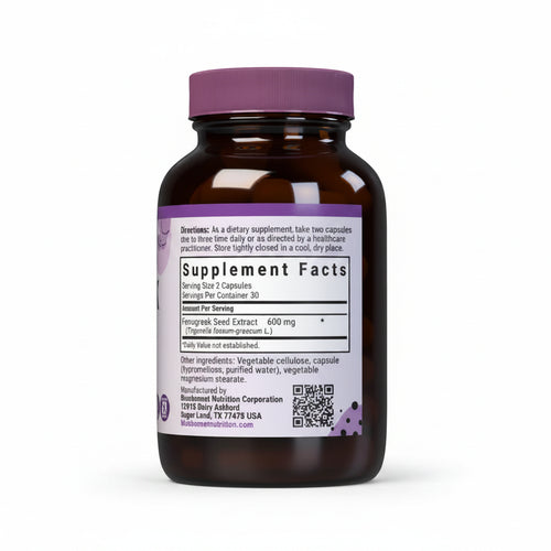 Supplement bottle with purple label on a white background