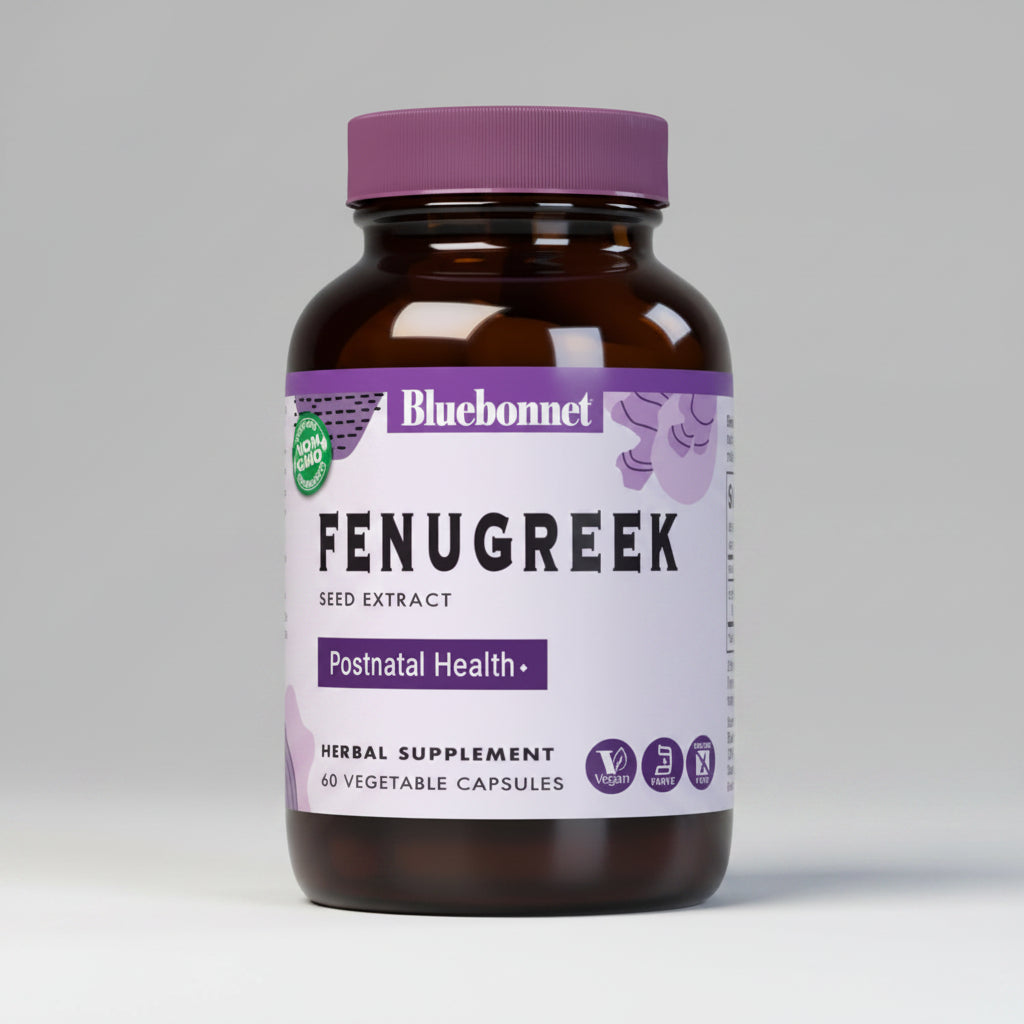 Brown supplement bottle with purple label featuring Bluebonnet Fenugreek on a white background