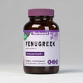 Brown supplement bottle with purple label featuring Bluebonnet Fenugreek on a white background