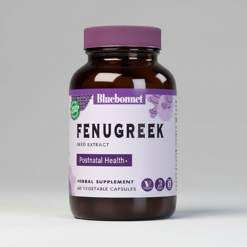 Brown supplement bottle with purple label featuring Bluebonnet Fenugreek on a white background