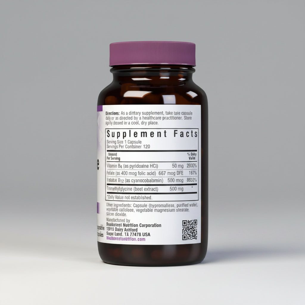 Supplement bottle with purple cap and label on a white background