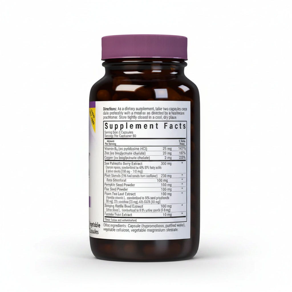Supplement bottle with purple cap and label on a white background