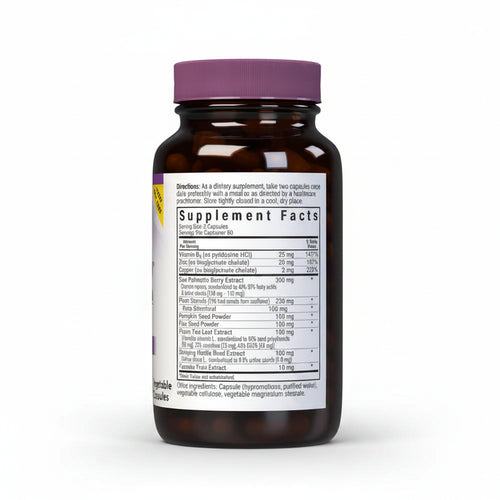 Supplement bottle with purple cap and label on a white background