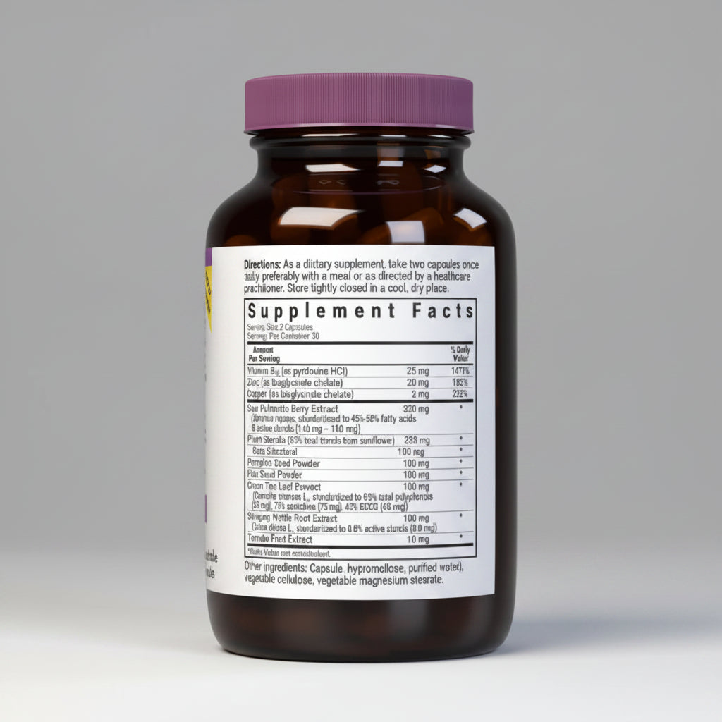 Supplement bottle with purple cap and label on a white background