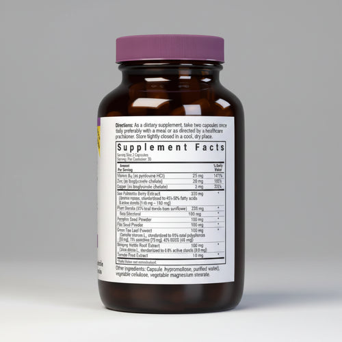 Supplement bottle with purple cap and label on a white background