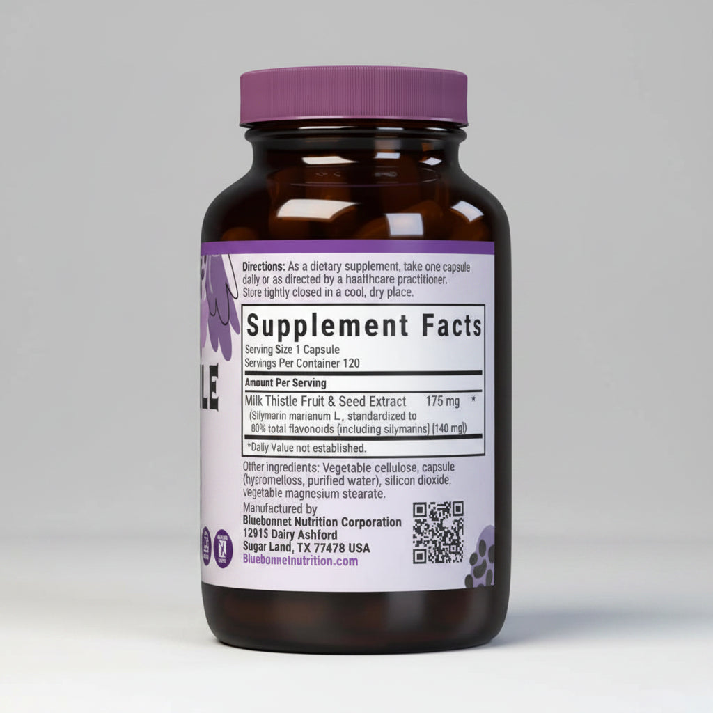 Supplement bottle with purple label on a white background