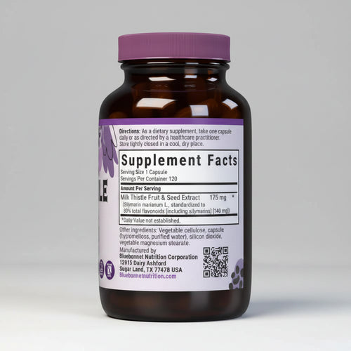 Supplement bottle with purple label on a white background