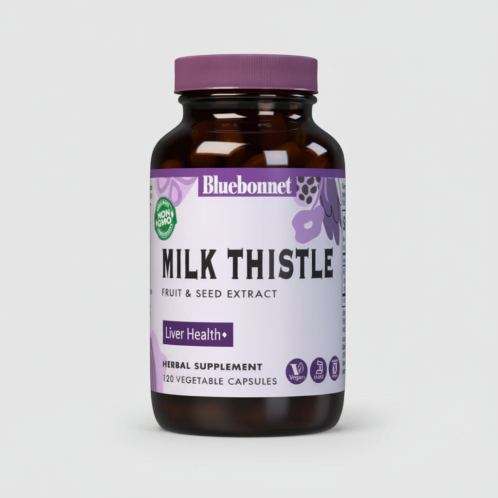 Bluebonnet Milk Thistle supplement bottle on a white background