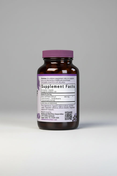 Vitamins bottle with purple cap and label on a white background