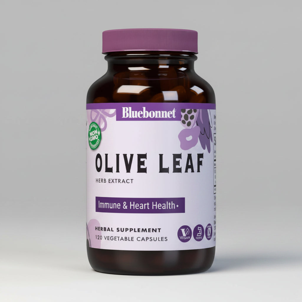 Bluebonnet Olive Leaf supplement bottle on a white background
