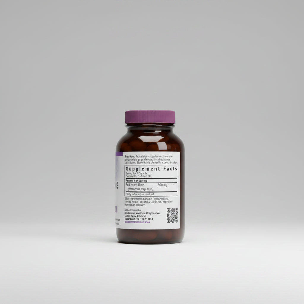 Brown supplement bottle with purple cap and label on a white background