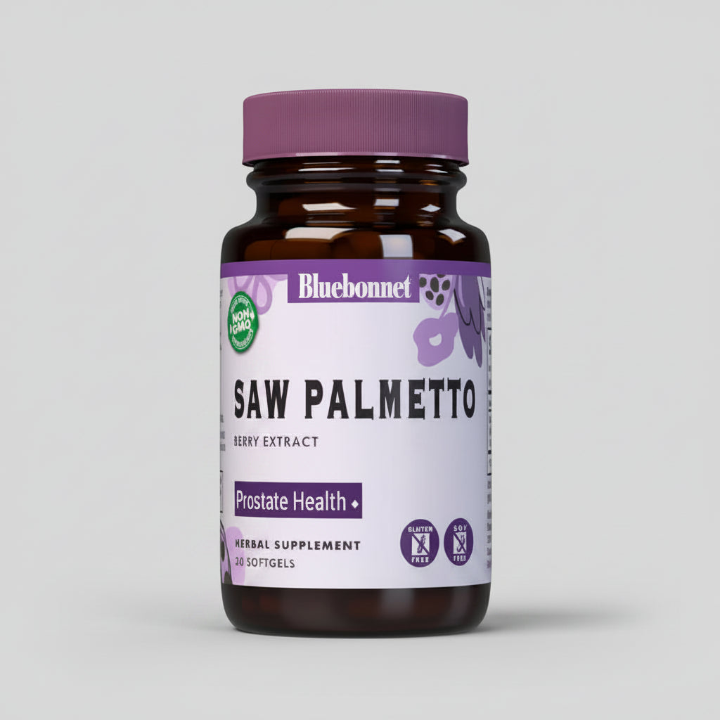 Bluebonnet Saw Palmetto supplement bottle on a white background
