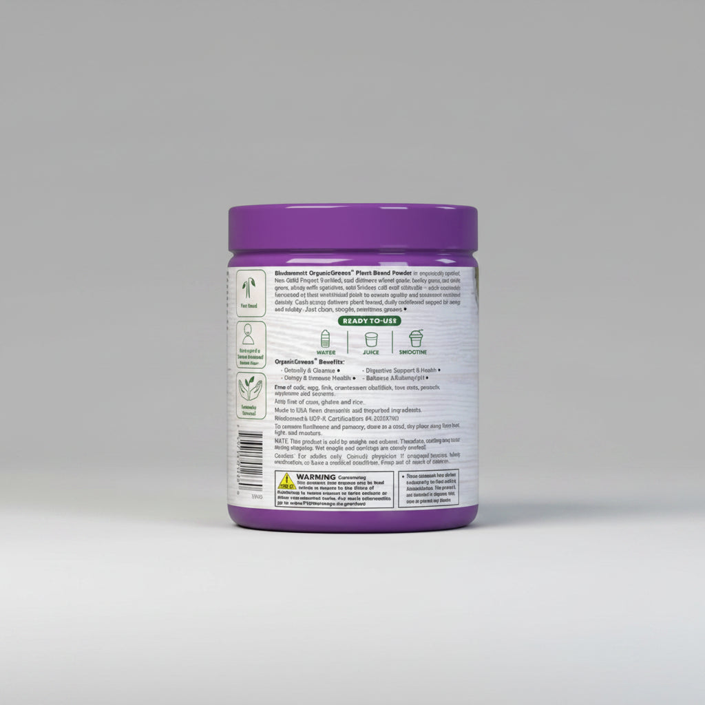 Container with purple lid and label on a white background