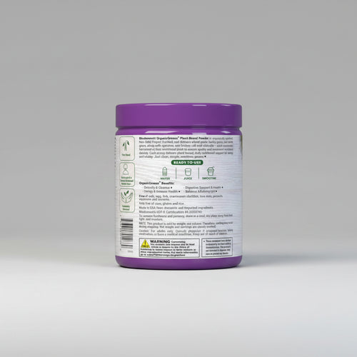 Container with purple lid and label on a white background
