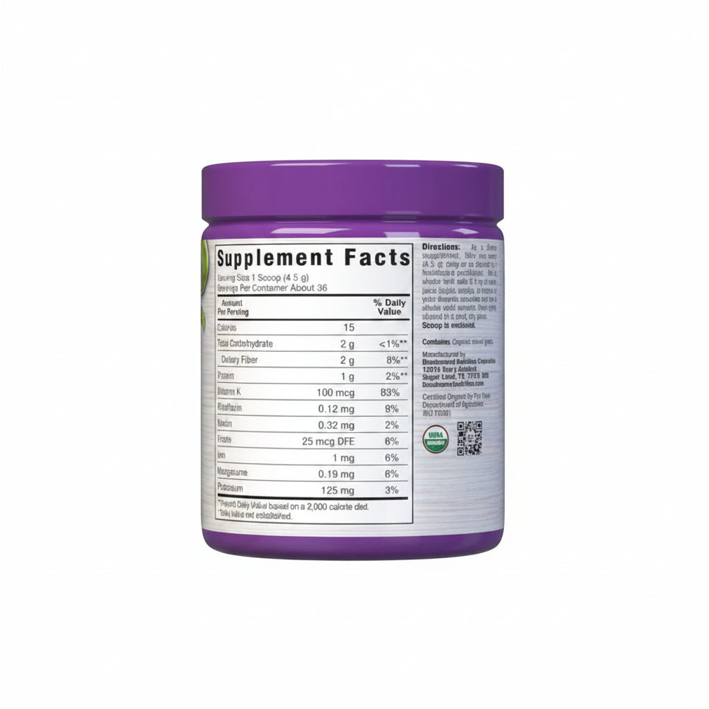 Supplement container with purple lid and label on a white background