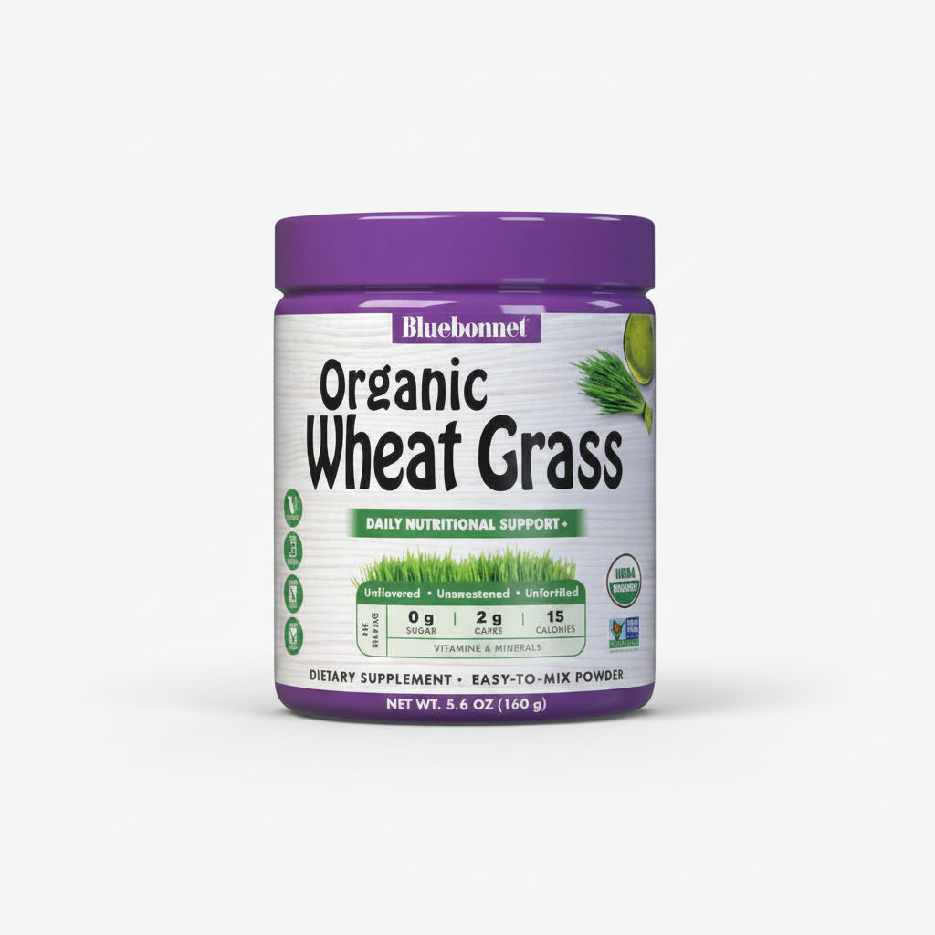 Container of Bluebonnet Organic Wheat Grass powder on a white background