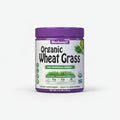 Container of Bluebonnet Organic Wheat Grass powder on a white background