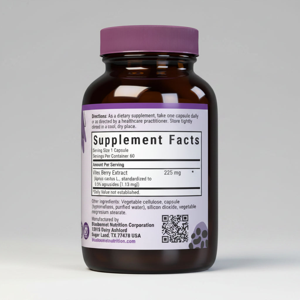 Supplement bottle with purple cap and label on a white background