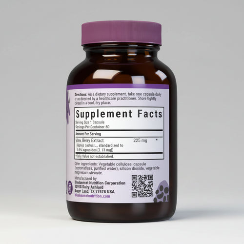 Supplement bottle with purple cap and label on a white background