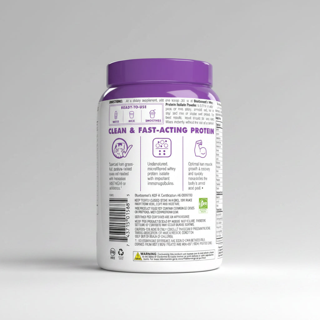 Protein powder container with purple lid and label on a white background