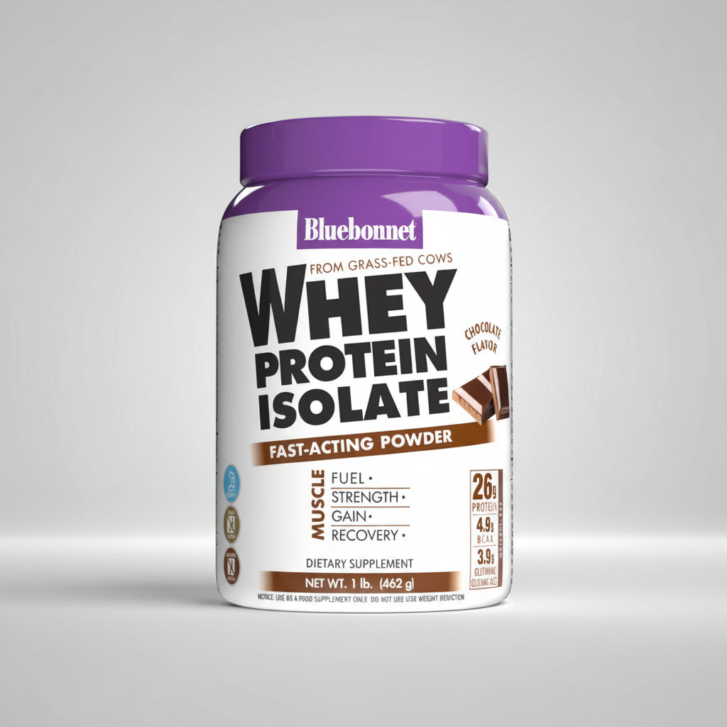 Bluebonnet Whey Protein Isolate container on a white background