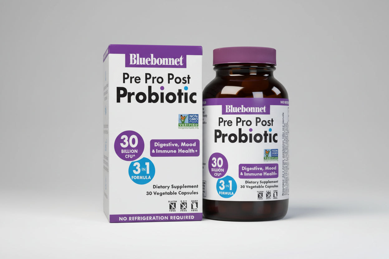 Bluebonnet Pre Pro Post Probiotic packaging and bottle on a gray background