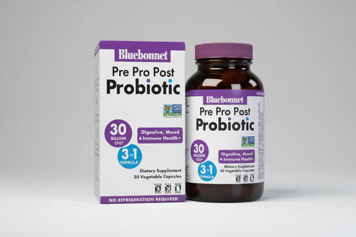Bluebonnet Pre Pro Post Probiotic packaging and bottle on a gray background