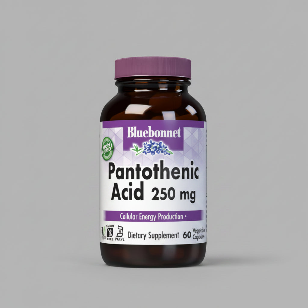 Bluebonnet Pantothenic Acid 250 mg dietary supplement bottle on a white background