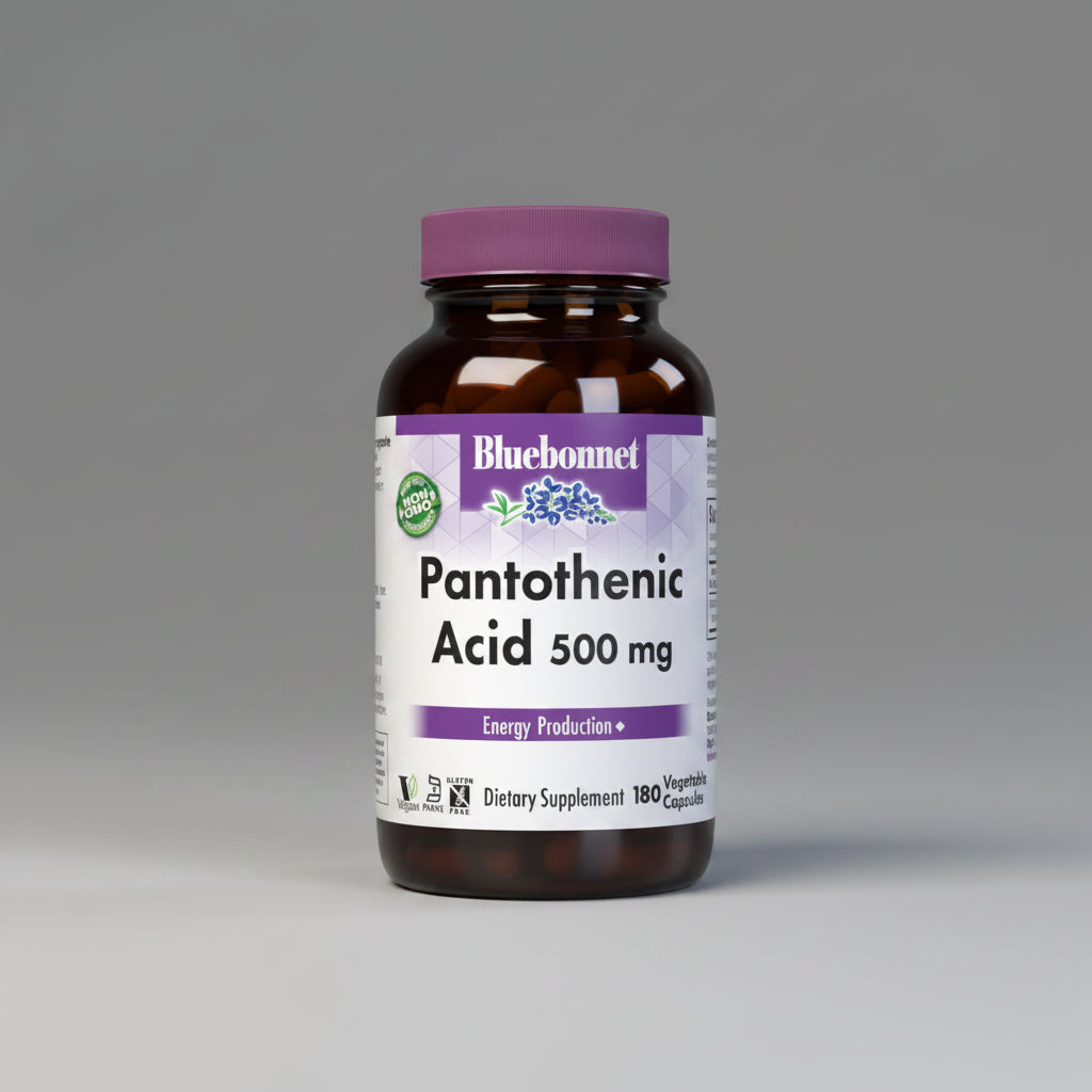 Bluebonnet Pantothenic Acid 500 mg supplement bottle on a white background