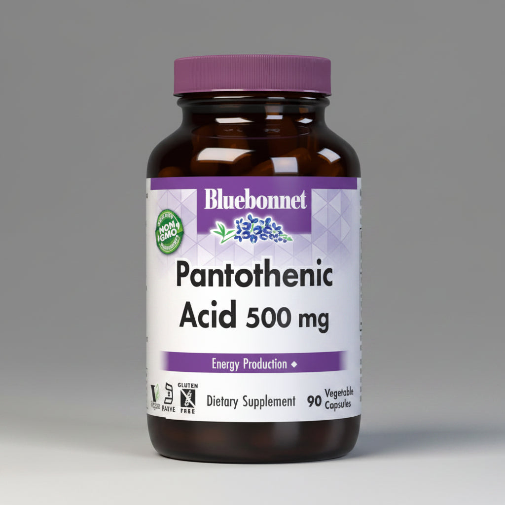 Bluebonnet Pantothenic Acid 500 mg supplement bottle on a white background