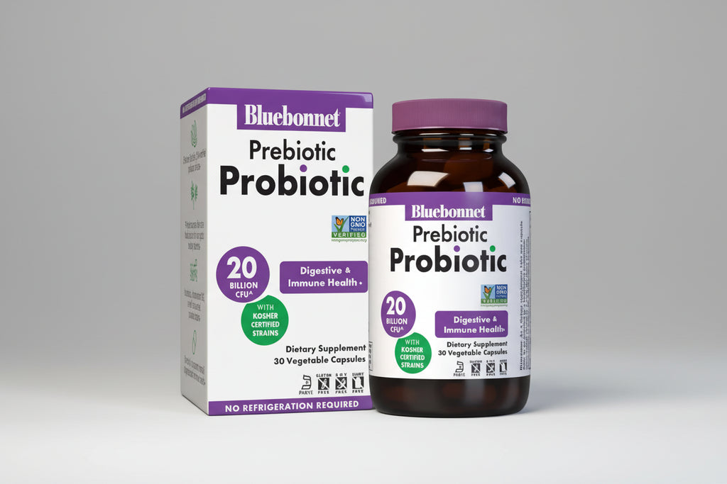 Bluebonnet Prebiotic Probiotic supplement bottle and packaging on a gray background