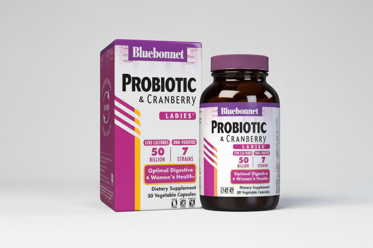 Bluebonnet Probiotic and Cranberry supplement bottle and packaging on a white background