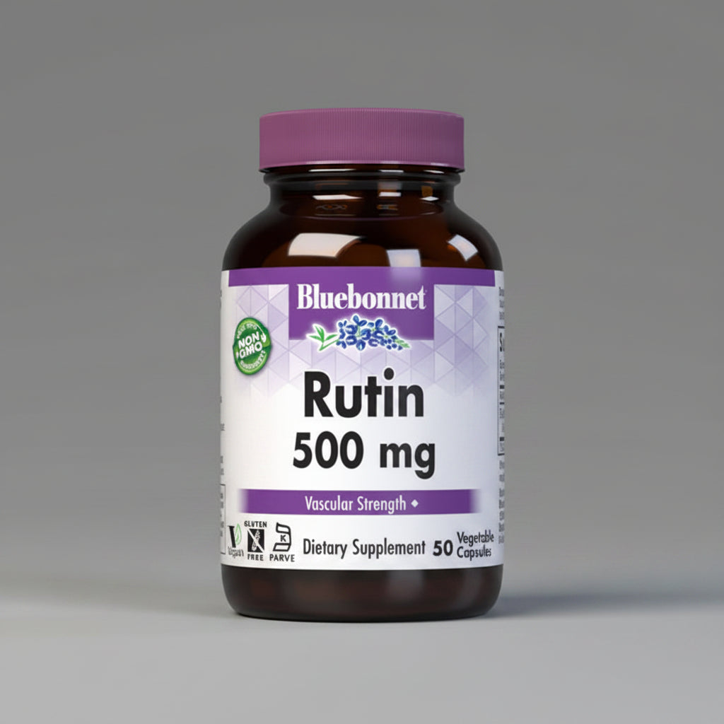 Bluebonnet Rutin 500 mg dietary supplement bottle on a white background