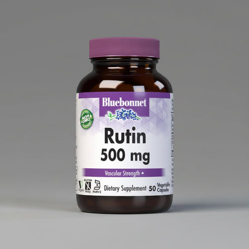 Bluebonnet Rutin 500 mg dietary supplement bottle on a white background