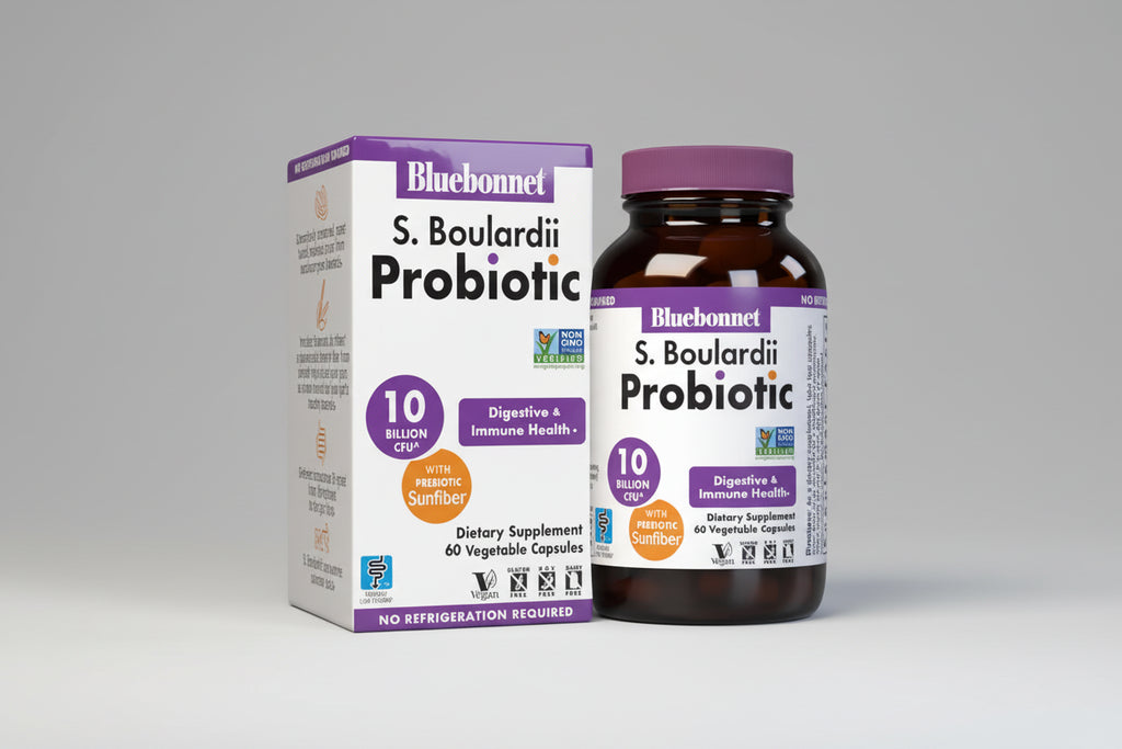 Bluebonnet S. Boulardii Probiotic bottle and packaging on a gray background