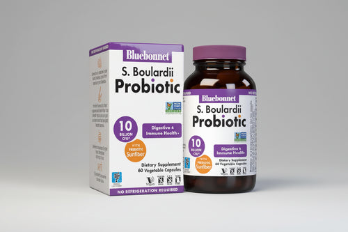Bluebonnet S. Boulardii Probiotic bottle and packaging on a gray background