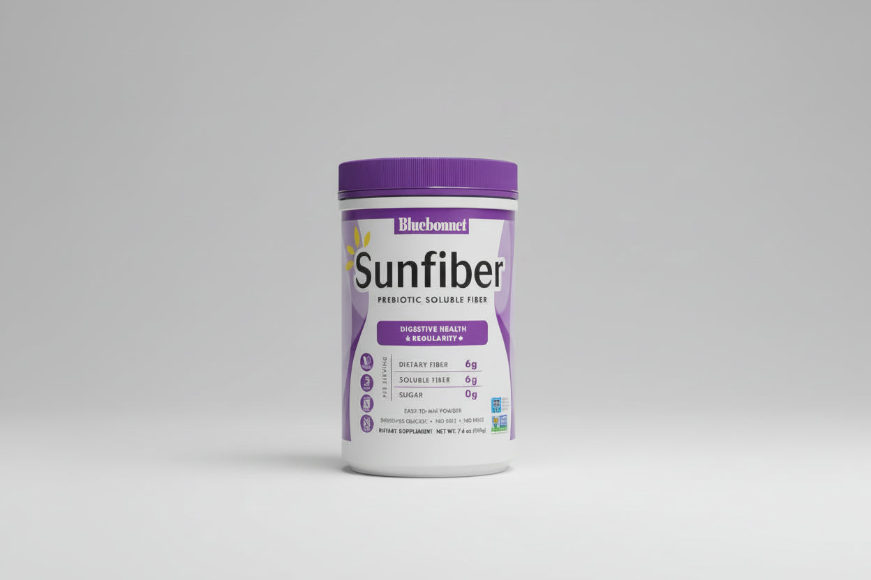 Sunfiber supplement container on a gray background
