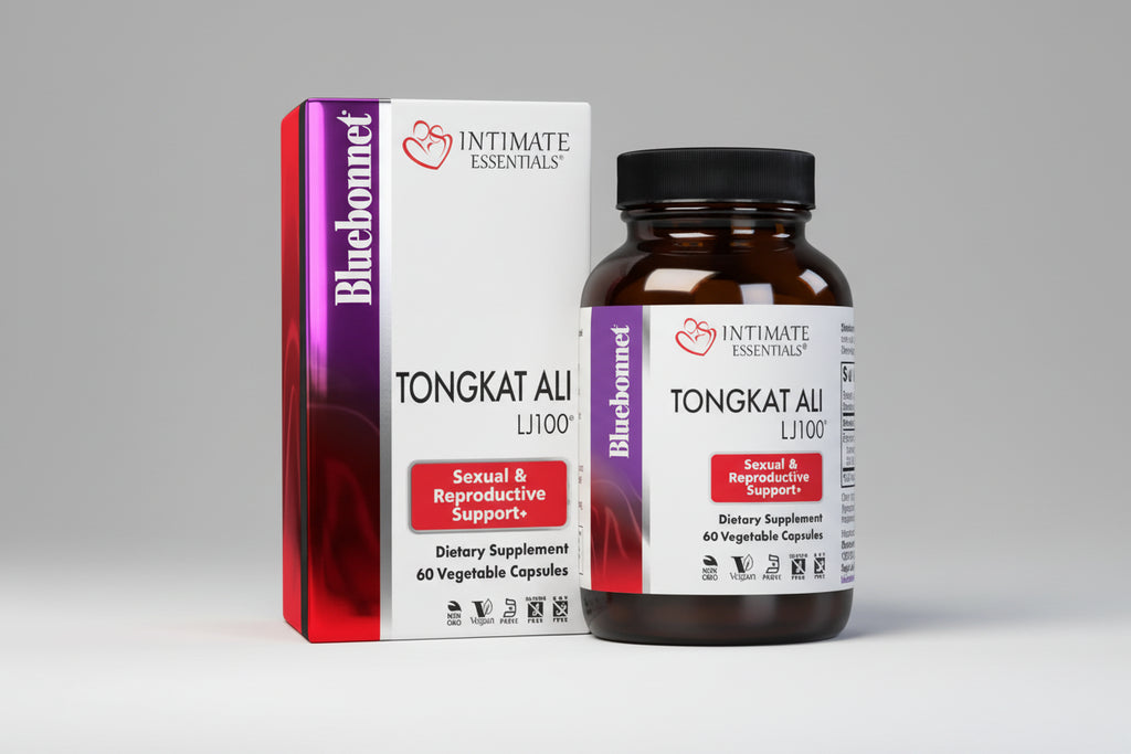 Bluebonnet Intimate Essentials Tongkat Ali supplement bottle and packaging on a gray background