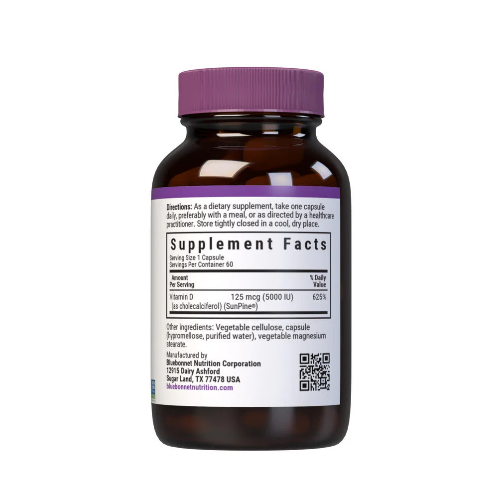 Brown supplement bottle with purple label and cap on a white background