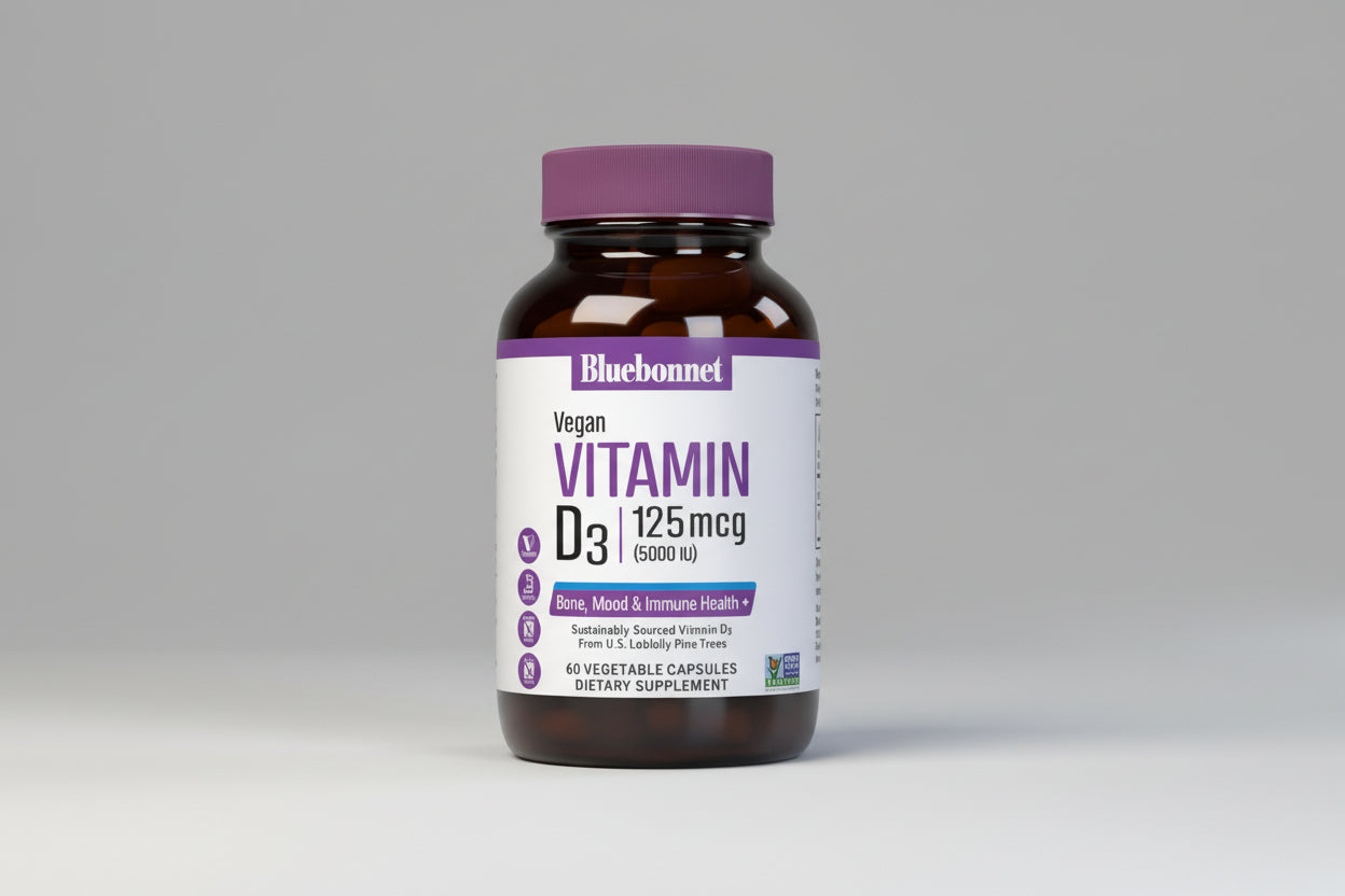 Bluebonnet Vitamin D3 supplement bottle on a white background