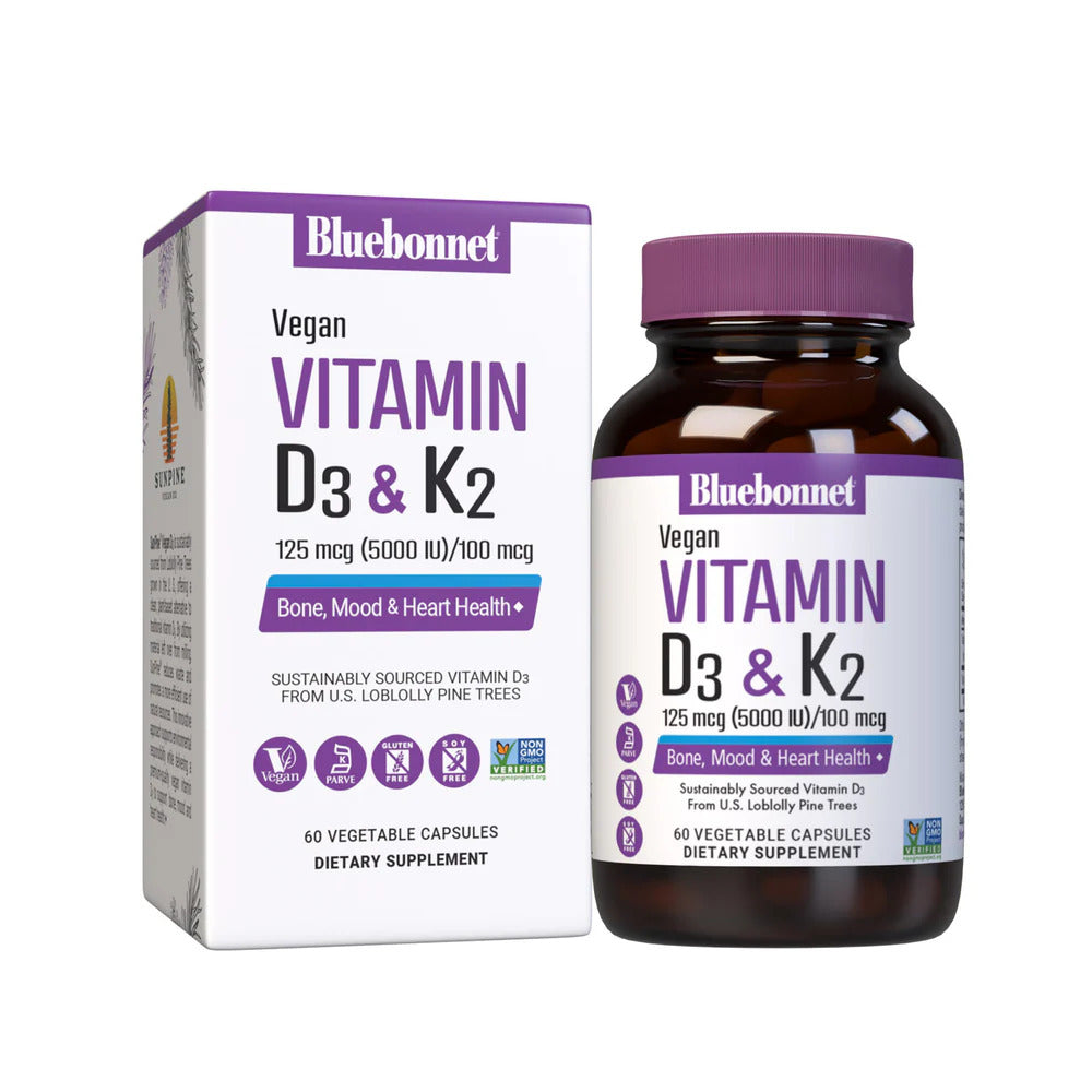 Bluebonnet Vegan Vitamin D3 & K2 supplement bottle and packaging on a white background