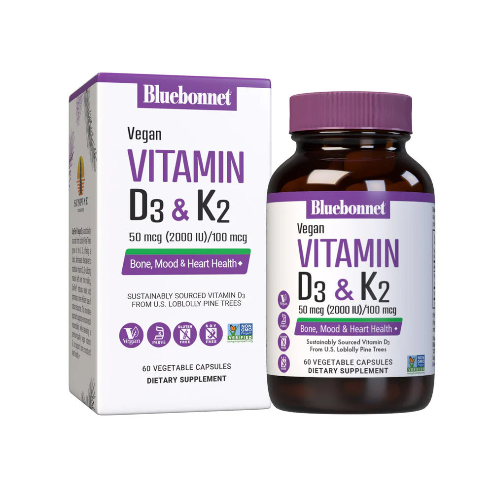 Bluebonnet Vitamin D3 & K2 supplement bottle and packaging on a white background