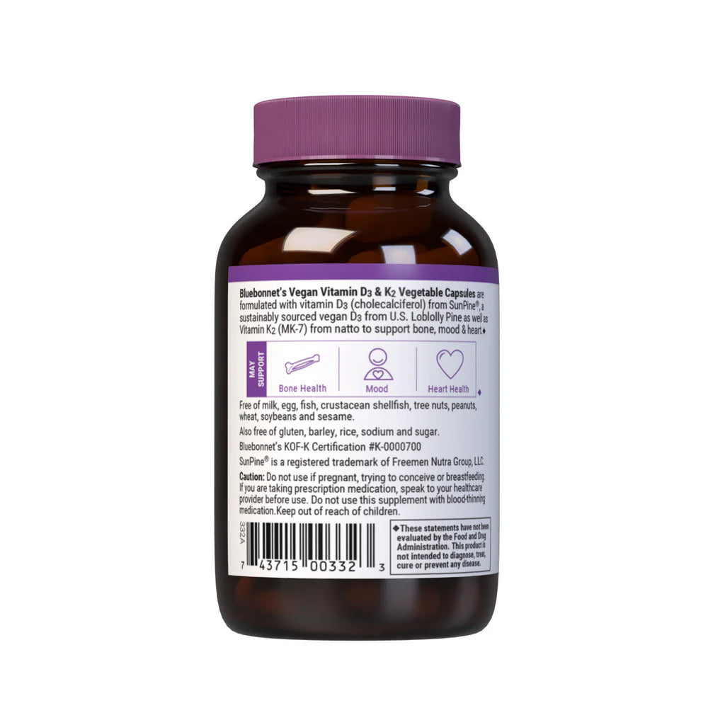Vitamin supplement bottle with purple cap and label on a white background