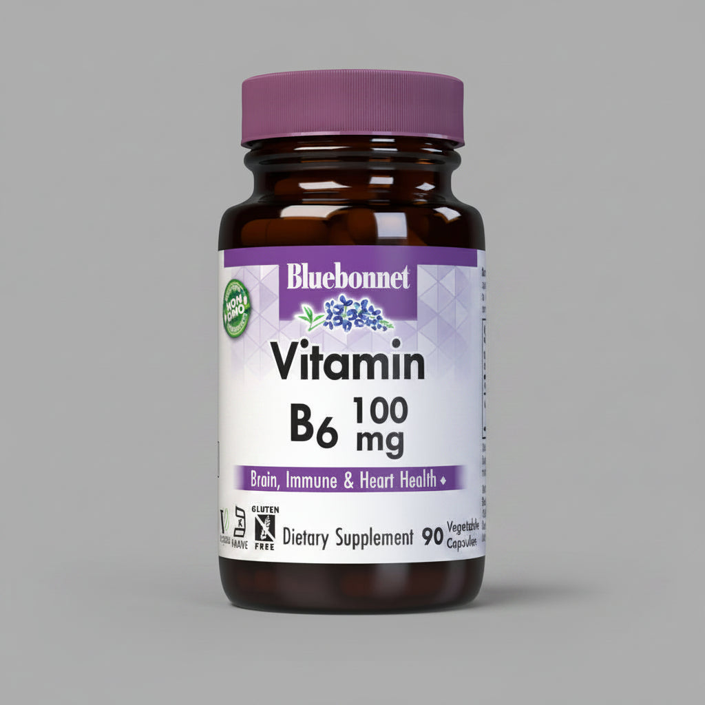 Bluebonnet Vitamin B6 supplement bottle on a white background
