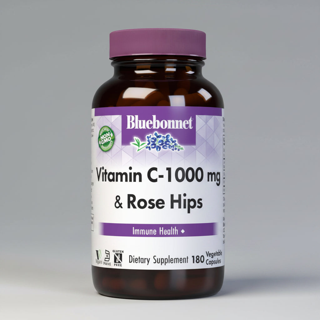 Bluebonnet Vitamin C-1000 mg & Rose Hips dietary supplement bottle on a white background